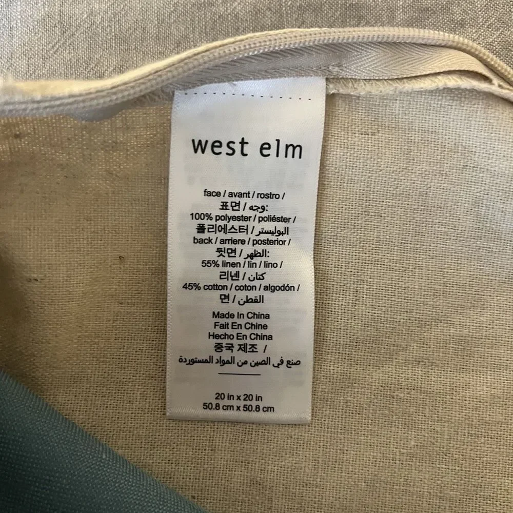 West Elm Lush Velvet Linen Back Pillow Covers Blue 20x20” Set of Two Crushed